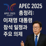 “APEC 2025 KOREA” 공식 로고를 배경으로, 이재명 대통령이 연단 앞에서 연설하는 모습의 썸네일 이미지. 남색 배경 위에 흰색 글씨로 “APEC 2025 총정리: 이재명 대통령 참석 일정과 주요 의제”라는 문구가 쓰여 있으며, 대통령은 파란 넥타이와 정장을 입고 발언 중이다.