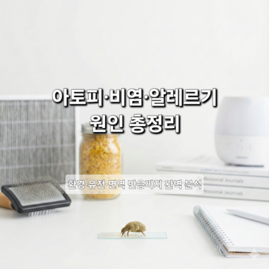 집먼지진드기, 꽃가루, 미세먼지, 반려동물 털, 건조한 실내 환경을 상징하는 요소들이 책상 위에 놓인 장면을 넓은 구도로 촬영한 사진. 의료·환경 알레르기 주제를 위한 배경용 이미지.