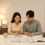 16:10 비율, 한국 부모가 책상 위에서 노트북과 계산기를 보며 육아휴직 급여를 계산하는 장면, 옆에는 아기 사진이나 작은 장난감이 놓여 있는 따뜻한 가정집 분위기, 정책·급여 안내 느낌, 상단과 좌우에 글씨가 들어갈 수 있는 여백 충분, 현실적인 사진 스타일