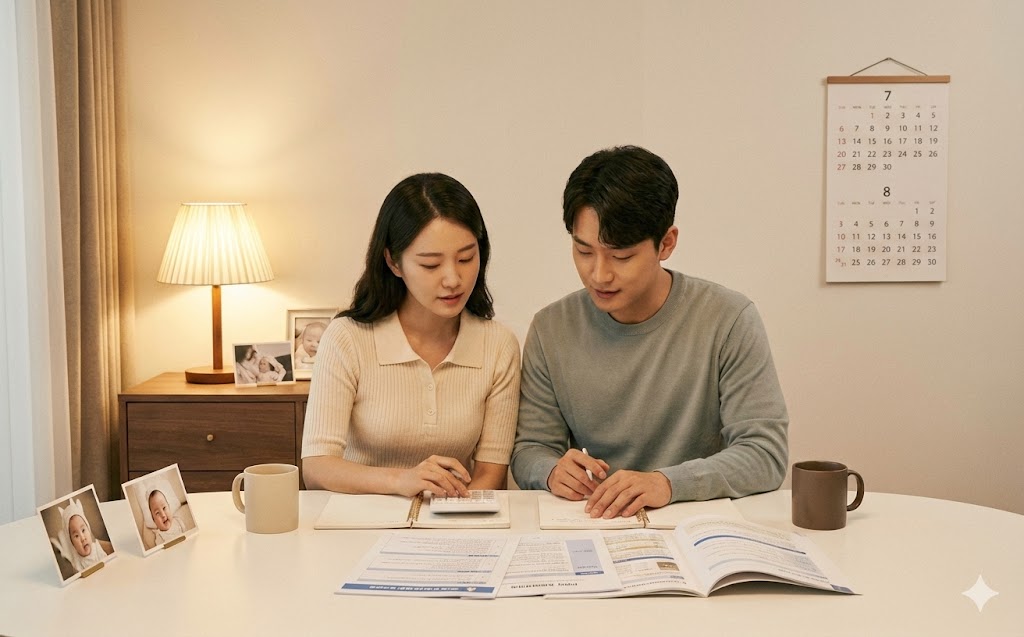 16:10 비율, 한국 부모가 책상 위에서 노트북과 계산기를 보며 육아휴직 급여를 계산하는 장면, 옆에는 아기 사진이나 작은 장난감이 놓여 있는 따뜻한 가정집 분위기, 정책·급여 안내 느낌, 상단과 좌우에 글씨가 들어갈 수 있는 여백 충분, 현실적인 사진 스타일