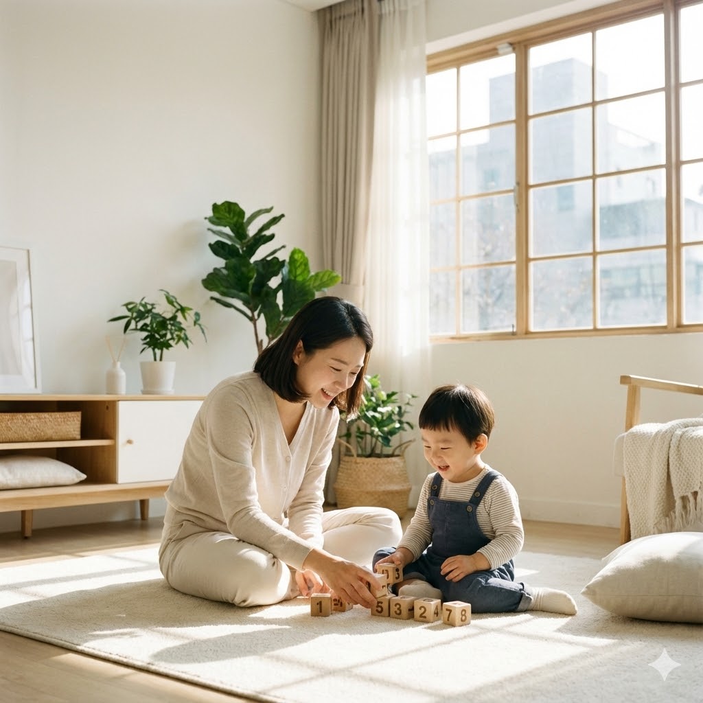 A bright and cozy living room scene in a Korean home. A mother and a 4-year-old child are playing on a rug, counting colorful wooden blocks together. The child is smiling and holding a block. Soft natural lighting, warm tones, minimalist interior. High resolution, 1:1 aspect ratio.