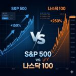 16:10 비율, 어두운 배경 위에 두 개의 대비되는 그래프가 나란히 배치된 장면. 왼쪽은 안정적으로 우상향하는 S&P 500 그래프, 오른쪽은 변동성이 크지만 가파르게 상승하는 나스닥 100 그래프. 중앙에 ‘S&P 500 vs 나스닥 100’ 비교 느낌의 인포그래픽 요소. 금융 분석 분위기, 선명한 대비, 여백이 충분한 구성, 현실적인 인포그래픽 혼합 스타일.