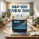 16:10 비율, 한국 가정집 거실에서 노트북 화면에 S&P 500 상승 그래프가 보이고, 테이블 위에 커피 한 잔과 메모장이 놓여 있는 장면. ‘S&P 500 장기투자 가이드’, ‘자동 수익 시스템’이라는 느낌을 전달하는 금융 인포그래픽 혼합 스타일. 전체적으로 밝고 안정적인 분위기, 여백이 넉넉한 구성, 현실적인 사진 스타일.