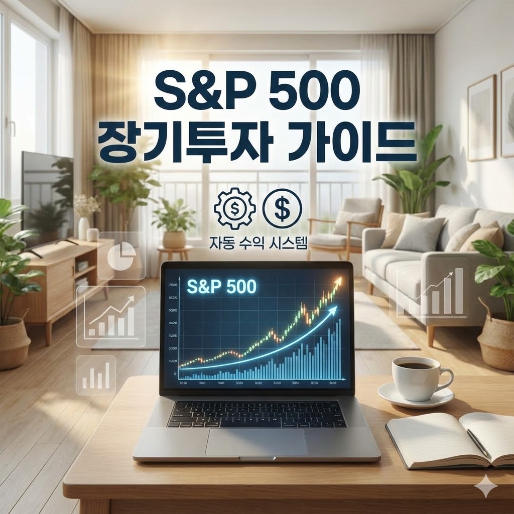 16:10 비율, 한국 가정집 거실에서 노트북 화면에 S&P 500 상승 그래프가 보이고, 테이블 위에 커피 한 잔과 메모장이 놓여 있는 장면. ‘S&P 500 장기투자 가이드’, ‘자동 수익 시스템’이라는 느낌을 전달하는 금융 인포그래픽 혼합 스타일. 전체적으로 밝고 안정적인 분위기, 여백이 넉넉한 구성, 현실적인 사진 스타일.