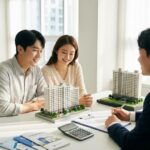 16:10 비율, 한국의 신혼부부 또는 젊은 부부가 아파트 모형과 대출 안내 서류를 보며 내 집 마련을 상담하는 장면, 밝고 안정적인 분위기, 주택금융·정부지원 정책 안내 느낌, 책상 위 계약서와 계산기 배치, 여백 넉넉한 정돈된 구성, 현실적인 사진 스타일