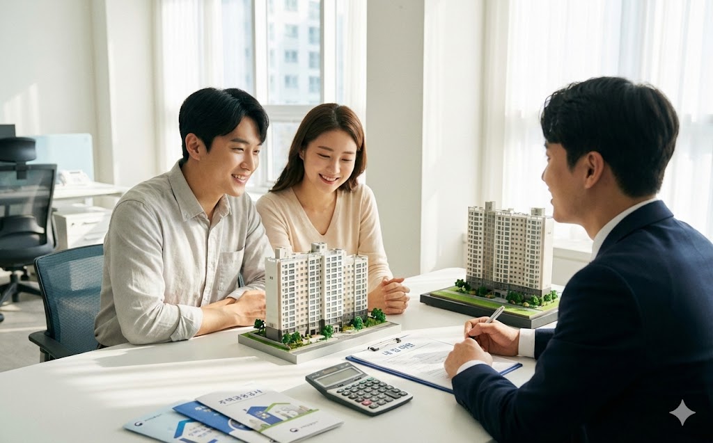 생애최초 주택구입 대출 총정리 16:10 비율, 한국의 신혼부부 또는 젊은 부부가 아파트 모형과 대출 안내 서류를 보며 내 집 마련을 상담하는 장면, 밝고 안정적인 분위기, 주택금융·정부지원 정책 안내 느낌, 책상 위 계약서와 계산기 배치, 여백 넉넉한 정돈된 구성, 현실적인 사진 스타일