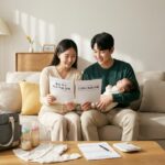 16:10 비율, 한국의 신혼부부가 신생아와 함께 집 거실에서 주택 대출 안내 서류를 살펴보는 장면, 따뜻하고 안정적인 분위기, 출산 가구 주거 지원 정책 이미지, 아기용품과 계약서가 함께 놓인 현실적인 구도, 여백 넉넉한 정돈된 사진 스타일