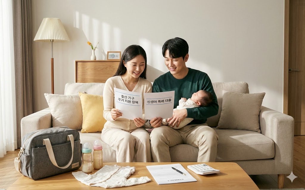 16:10 비율, 한국의 신혼부부가 신생아와 함께 집 거실에서 주택 대출 안내 서류를 살펴보는 장면, 따뜻하고 안정적인 분위기, 출산 가구 주거 지원 정책 이미지, 아기용품과 계약서가 함께 놓인 현실적인 구도, 여백 넉넉한 정돈된 사진 스타일