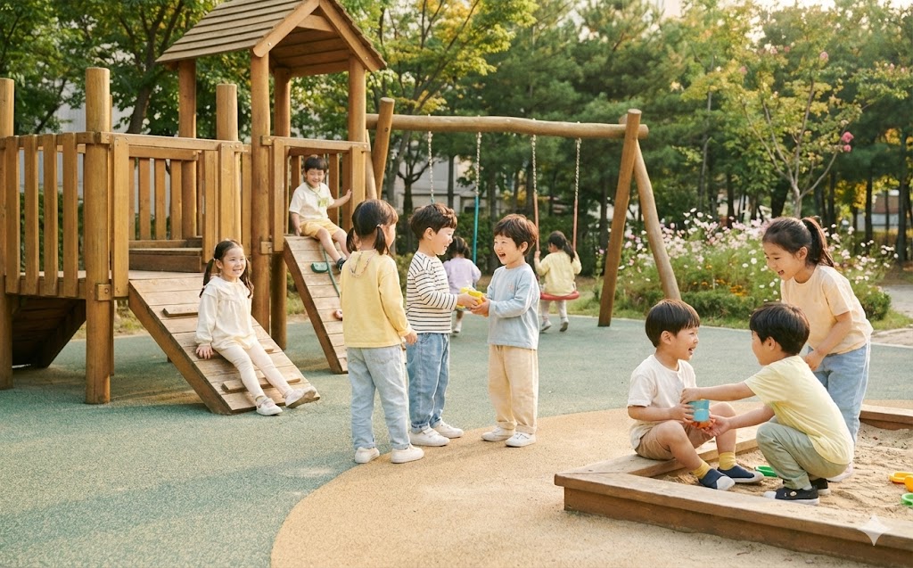 아이 사회성 발달 시기 총정리 | 연령별 행동 특징과 부모 역할 16:10 비율, 한국 유치원 또는 놀이터에서 또래 아이들이 자연스럽게 어울려 노는 장면, 웃으며 상호작용하는 아이들 모습, 사회성 발달 안내 콘텐츠용 이미지, 따뜻하고 안정적인 분위기, 부드러운 파스텔 톤, 여백 충분한 구성