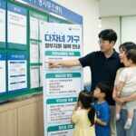 16:10 비율, 한국의 가족이 공공기관 안내문 앞에서 다자녀 혜택 정보를 확인하는 모습, 부모와 아이 셋이 함께 있는 장면, 정부 지원 안내용 이미지, 신뢰감 있는 색감, 여백이 충분한 구성