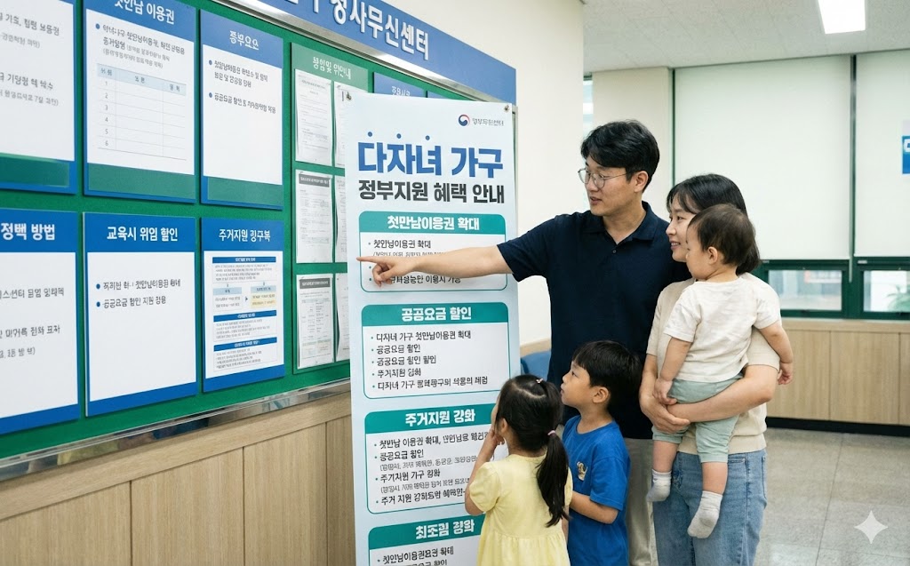 다자녀 혜택 최신 가이드 | 2자녀·3자녀 기준과 숨은 지원 제도 16:10 비율, 한국의 가족이 공공기관 안내문 앞에서 다자녀 혜택 정보를 확인하는 모습, 부모와 아이 셋이 함께 있는 장면, 정부 지원 안내용 이미지, 신뢰감 있는 색감, 여백이 충분한 구성