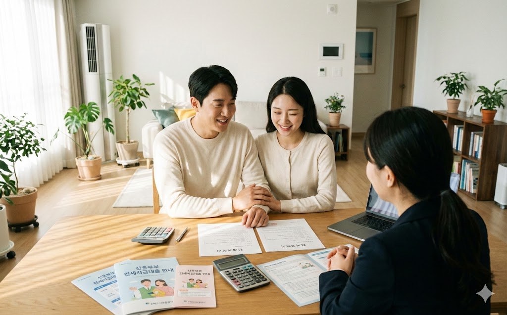 16:10 비율, 한국의 신혼부부가 전세계약서와 대출 안내 서류를 테이블 위에 펼쳐놓고 상담하는 장면, 따뜻하고 안정적인 분위기, 신혼부부 전세자금대출 안내 이미지, 깔끔한 실내 배경과 충분한 여백, 현실적인 사진 스타일