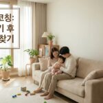 16:10 비율, 한국 가정집 거실에서 부모가 유아를 부드럽게 안아주며 감정을 진정시키는 장면, 떼쓰기 상황 후 안정된 분위기, 육아 감정코칭 안내용 이미지, 따뜻한 색감, 부드러운 조명, 여백이 넉넉한 구성