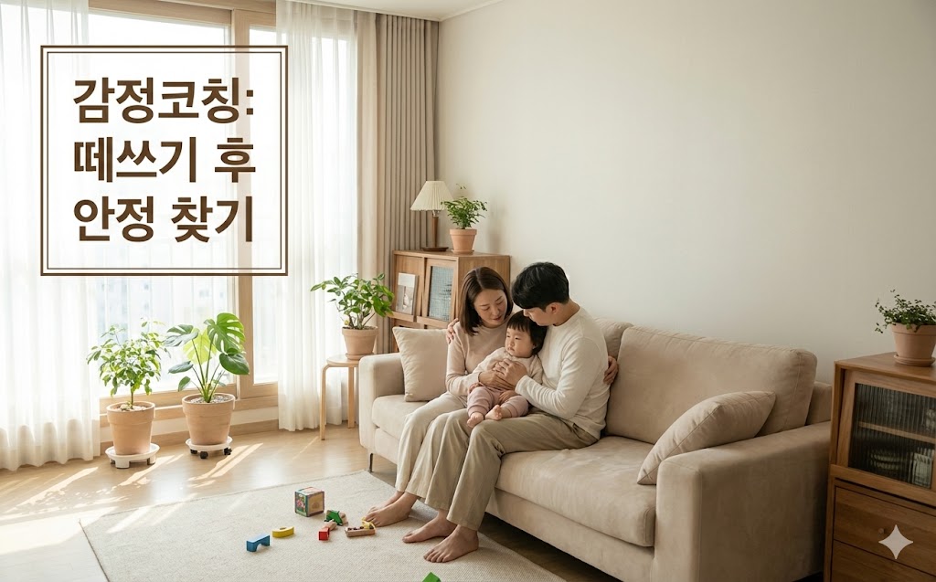 유아 감정조절 방법 총정리 | 떼쓰기·분노 표현 다루는 부모 대처법 16:10 비율, 한국 가정집 거실에서 부모가 유아를 부드럽게 안아주며 감정을 진정시키는 장면, 떼쓰기 상황 후 안정된 분위기, 육아 감정코칭 안내용 이미지, 따뜻한 색감, 부드러운 조명, 여백이 넉넉한 구성