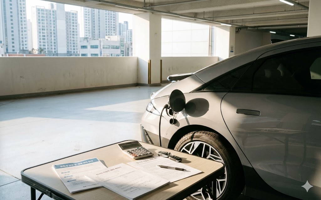 2026 전기차 취득세 얼마나 줄어드나 | 개편 내용·유지 여부·혜택 분석 16:10 비율, 한국 도심 주차장에 주차된 전기차와 자동차 계약서, 계산기, 세금 안내 서류가 함께 놓인 장면, 전기차 취득세 감면과 세제 혜택을 상징하는 이미지, 깔끔하고 현실적인 사진 스타일, 여백이 충분한 구성