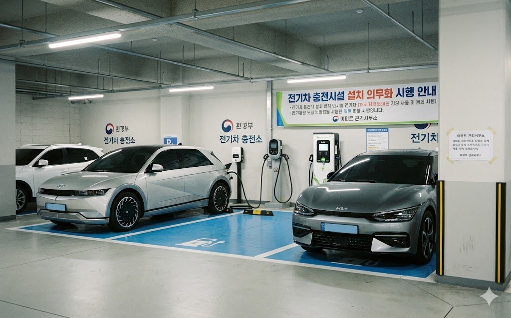 아파트 전기차 충전 의무화 무엇이 달라지나 | 기존 아파트 적용 여부 16:10 비율, 한국 아파트 지하주차장에 설치된 전기차 충전기와 주차된 전기차, 아파트 관리사무소 안내문과 충전 설비가 함께 보이는 장면, 전기차 충전 의무화 정책을 상징하는 이미지, 현실적인 사진 스타일, 여백이 충분한 구성