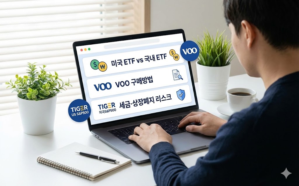 미국 ETF vs 국내 ETF 완전정리 | VOO 구매방법·세금·상장폐지 리스크 16:10 비율, 여백 넉넉한 구성. 한국인 개인 투자자가 집 책상에서 노트북으로 ETF 비교 화면을 보고 있는 장면. 화면에는 ‘미국 ETF vs 국내 ETF’, ‘VOO 구매방법’, ‘세금·상장폐지 리스크’ 문구가 간결한 인포그래픽 박스로 표시됨. VOO, TIGER 미국S&P500, 달러·원화 아이콘, 방패 아이콘(자산 보호 의미)이 함께 보이도록 구성. 현실적인 사진 스타일, 화이트·블루 계열 금융 가이드 톤, 정돈된 데스크테리어, 인물은 한국인.