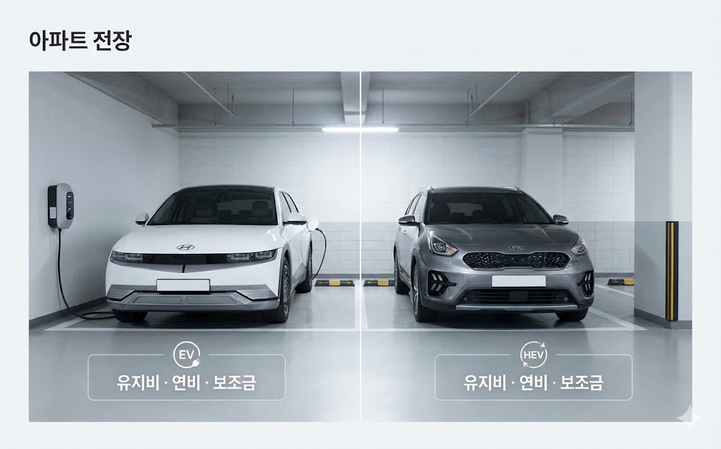 전기차 vs 하이브리드 2026 비교 | 유지비·연비·보조금 기준으로 고르는 법 썸네일 이미지 프롬프트(16:10): 한국의 아파트 지하주차장 장면, 왼쪽에는 전기차가 완속 충전기에 연결되어 있고 오른쪽에는 하이브리드 차량이 주차된 비교 구도, 바닥에 EV/HEV 아이콘이 은은하게 표시된 인포그래픽 느낌의 오버레이 박스(유지비·연비·보조금 3개 키워드), 전체는 현실적 사진 스타일, 화이트/그레이 톤, 상하좌우 넉넉한 여백과 안전한 여백(마진) 확보, 텍스트는 최소한으로 깔끔하게(제목 영역만 비워두는 구성), 과장된 효과 없이 신뢰감 있는 정책·정보 안내 분위기