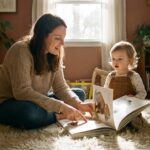 A photo of a mother and a 2-year-old toddler sitting on a cozy living room rug, looking at a picture book together. The mother is pointing at a picture and talking gently, and the child is looking attentively. Warm, natural lighting, realistic style, high resolution.