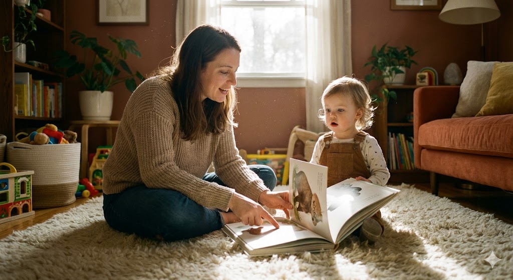 A photo of a mother and a 2-year-old toddler sitting on a cozy living room rug, looking at a picture book together. The mother is pointing at a picture and talking gently, and the child is looking attentively. Warm, natural lighting, realistic style, high resolution.