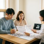 한국의 부부가 병원 상담실에서 난임 시술 상담을 받는 장면, 책상 위에 진단서와 의료 서류가 놓여 있고 의료진이 차분하게 설명하는 모습, 정부 복지 정책 안내용 이미지 느낌, 신뢰감 있는 분위기, 현실적인 사진 스타일, 여백 넉넉한 구성, 16:10 비율