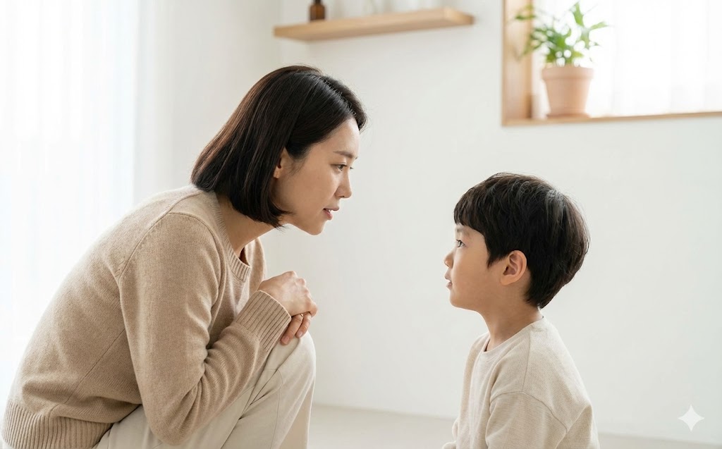 16:10 aspect ratio, realistic photo style, Korean parent calmly talking to a preschool child at eye level in a bright living room, warm and reassuring atmosphere, positive discipline concept, no anger, soft natural light, clean white background, ample margins, professional parenting guide thumbnail, all people appear Korean