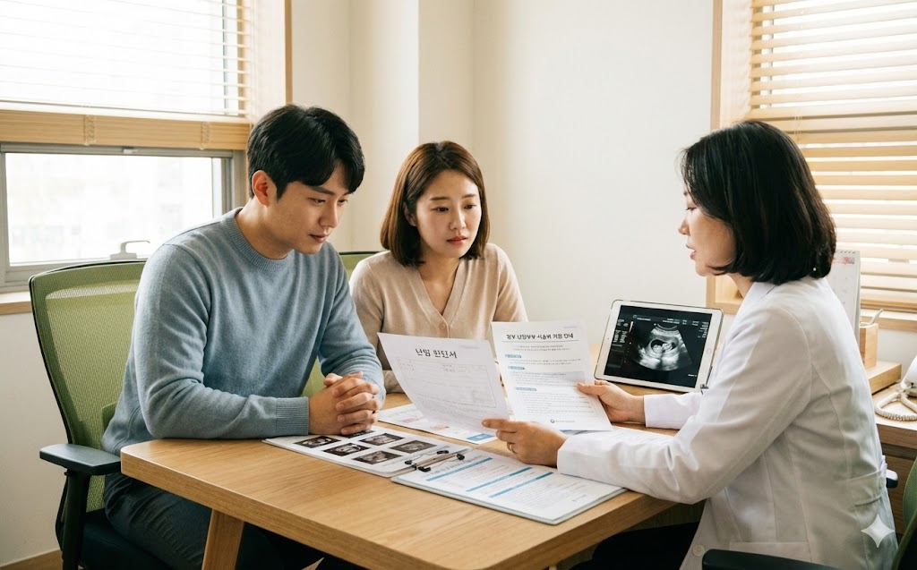 한국의 부부가 병원 상담실에서 난임 시술 상담을 받는 장면, 책상 위에 진단서와 의료 서류가 놓여 있고 의료진이 차분하게 설명하는 모습, 정부 복지 정책 안내용 이미지 느낌, 신뢰감 있는 분위기, 현실적인 사진 스타일, 여백 넉넉한 구성, 16:10 비율