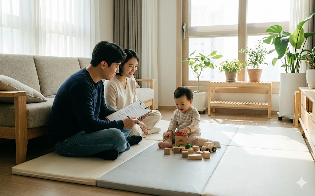 영유아 발달지연 의심 시기 총정리 | 월령별 기준·검사 시기 안내 한국의 부부가 병원 상담실에서 난임 시술 상담을 받는 장면, 책상 위에 진단서와 의료 서류가 놓여 있고 의료진이 차분하게 설명하는 모습, 정부 복지 정책 안내용 이미지 느낌, 신뢰감 있는 분위기, 현실적인 사진 스타일, 여백 넉넉한 구성, 16:10 비율