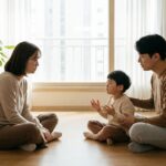 16:10 비율, 한국 가정의 거실에서 부모가 아이와 눈높이를 맞추고 차분하게 대화하는 장면. 아이는 바닥에 앉아 감정을 표현하고 있고, 부모는 화내지 않고 안정된 표정으로 경청하는 모습. ‘긍정 훈육 방법’ 주제에 맞는 따뜻하고 신뢰감 있는 분위기. 자연광, 부드러운 색감, 과장 없는 현실적인 사진 스타일. 화면 중앙에 여백을 충분히 두어 썸네일 텍스트 배치가 쉬운 구성.