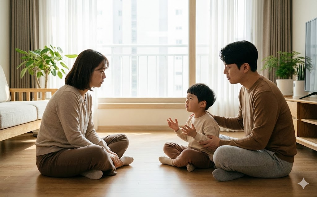 긍정 훈육 방법 총정리 | 혼내지 않고 아이 행동을 바꾸는 실천 가이드 16:10 비율, 한국 가정의 거실에서 부모가 아이와 눈높이를 맞추고 차분하게 대화하는 장면. 아이는 바닥에 앉아 감정을 표현하고 있고, 부모는 화내지 않고 안정된 표정으로 경청하는 모습. ‘긍정 훈육 방법’ 주제에 맞는 따뜻하고 신뢰감 있는 분위기. 자연광, 부드러운 색감, 과장 없는 현실적인 사진 스타일. 화면 중앙에 여백을 충분히 두어 썸네일 텍스트 배치가 쉬운 구성.