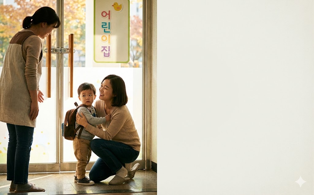 16:10 비율, 어린이집 입구에서 부모와 잠시 떨어지는 아이의 모습, 불안하지만 보호자의 따뜻한 표정이 함께 보이는 장면, 아이 분리불안 안내 콘텐츠용 이미지, 현실적인 사진 스타일, 여백 충분한 구성