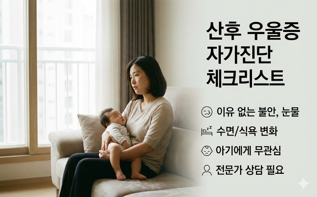 16:10 비율, 한국의 집 안에서 아기를 안고 생각에 잠긴 엄마의 모습, 차분하지만 따뜻한 분위기, 산후 우울증 자가진단 안내 이미지, 의료 정보 콘텐츠 느낌, 여백 충분한 구성