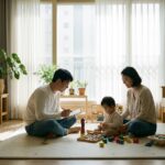 16:10 비율, 집 거실에서 부모가 아기의 발달을 관찰하는 모습, 블록과 장난감이 놓인 환경, 영유아 발달지연 안내 콘텐츠용 이미지, 따뜻하고 차분한 분위기, 현실적인 사진 스타일, 여백 충분