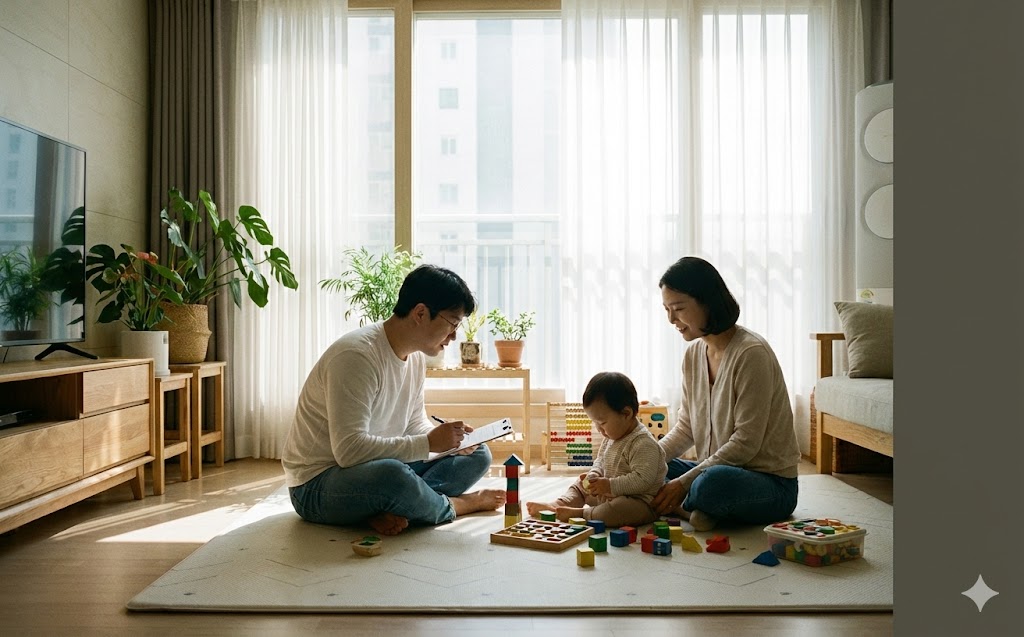 16:10 비율, 집 거실에서 부모가 아기의 발달을 관찰하는 모습, 블록과 장난감이 놓인 환경, 영유아 발달지연 안내 콘텐츠용 이미지, 따뜻하고 차분한 분위기, 현실적인 사진 스타일, 여백 충분