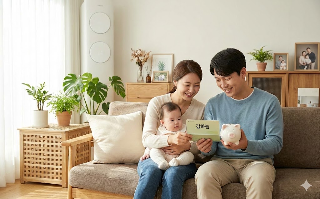 16:10 비율, 한국 가정의 밝은 거실에서 부모가 아기 이름이 적힌 통장과 저금통을 함께 바라보는 장면, 현실적인 사진 스타일, 따뜻하고 안정적인 분위기, 금융 정보 안내용 이미지, 인물은 한국인, 글자 배치를 위한 여백 충분